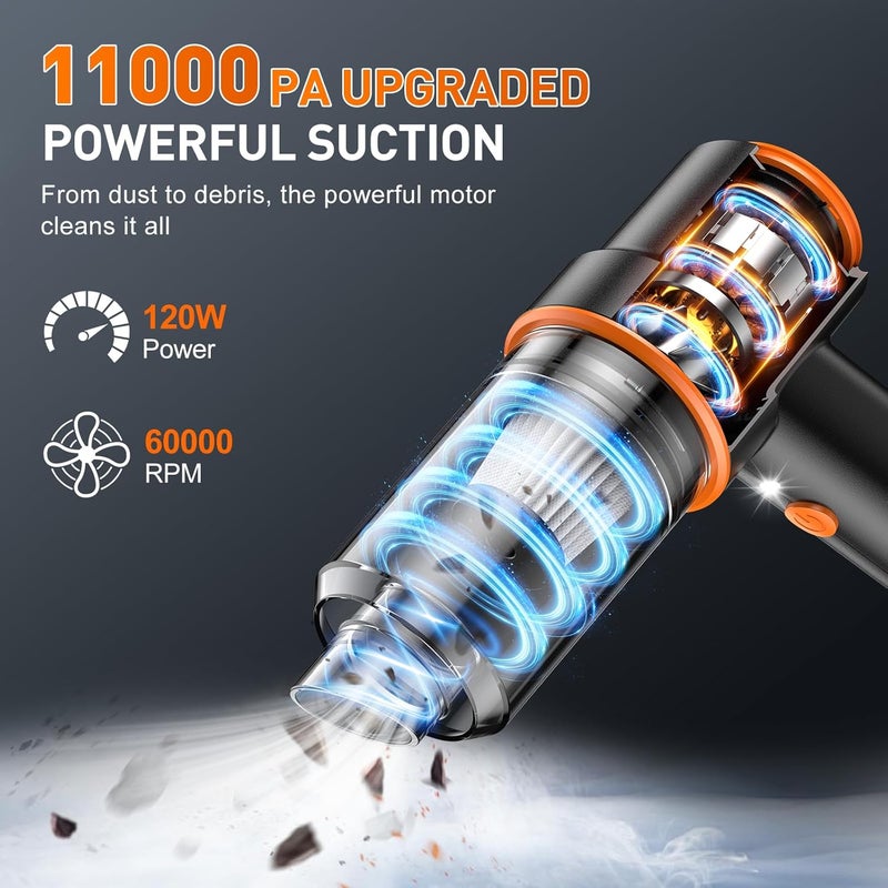 MM Handheld Car Vacuum Cleaner, 11000PA Vacuum Cleaner & Air Duster, 120W High Power Vacuum Portable Cordless, Hand Held Vacuum Rechargeable with Multi-Nozzles & LED Light for Home, Car, Office - Image 2